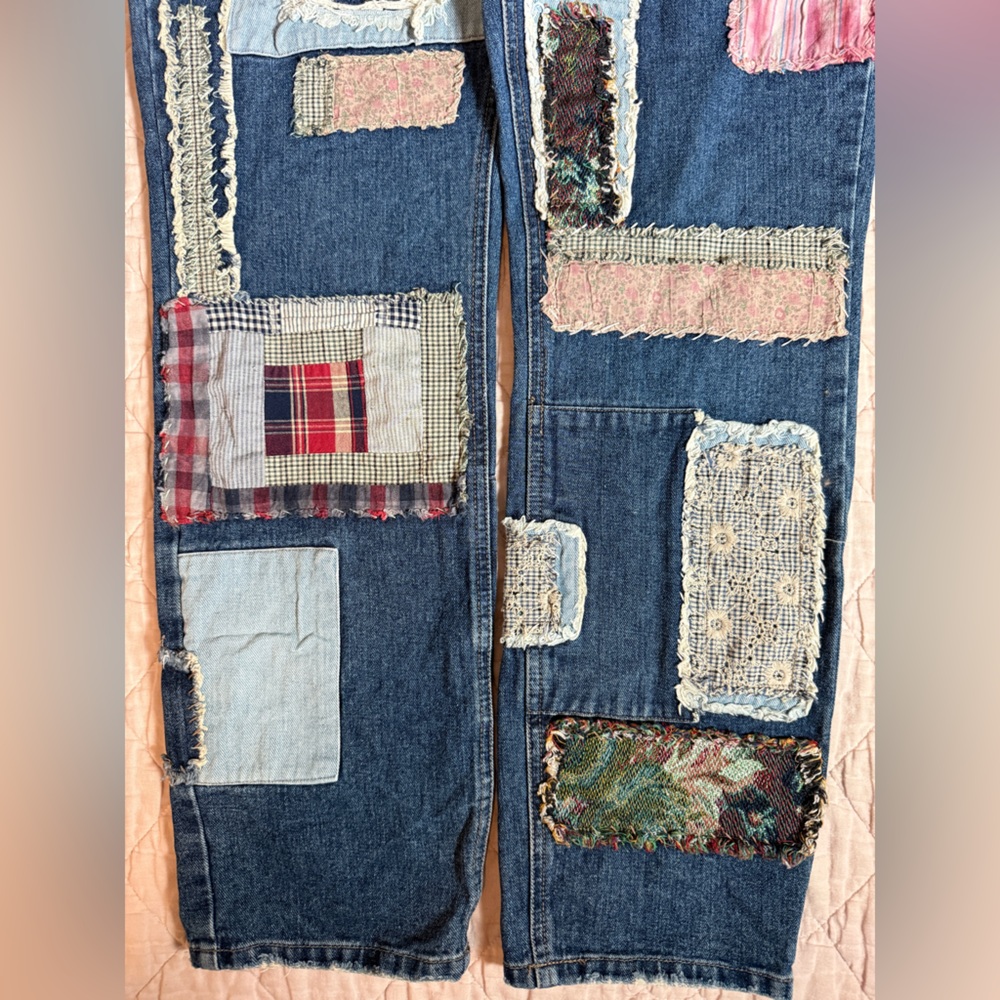 Free People Patchwork Plaid Tapestry Distressed Blue Jeans Boho Frayed Grunge - Picture 3 of 9